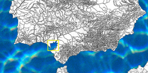 Mapa Andalucía con golfo guadalquivir color azul
