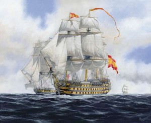 202 Navío Reina Luisa con insignia de Tte Gral, capturando a la fragata francesa  Iphigénie, por Carlos Parrilla
